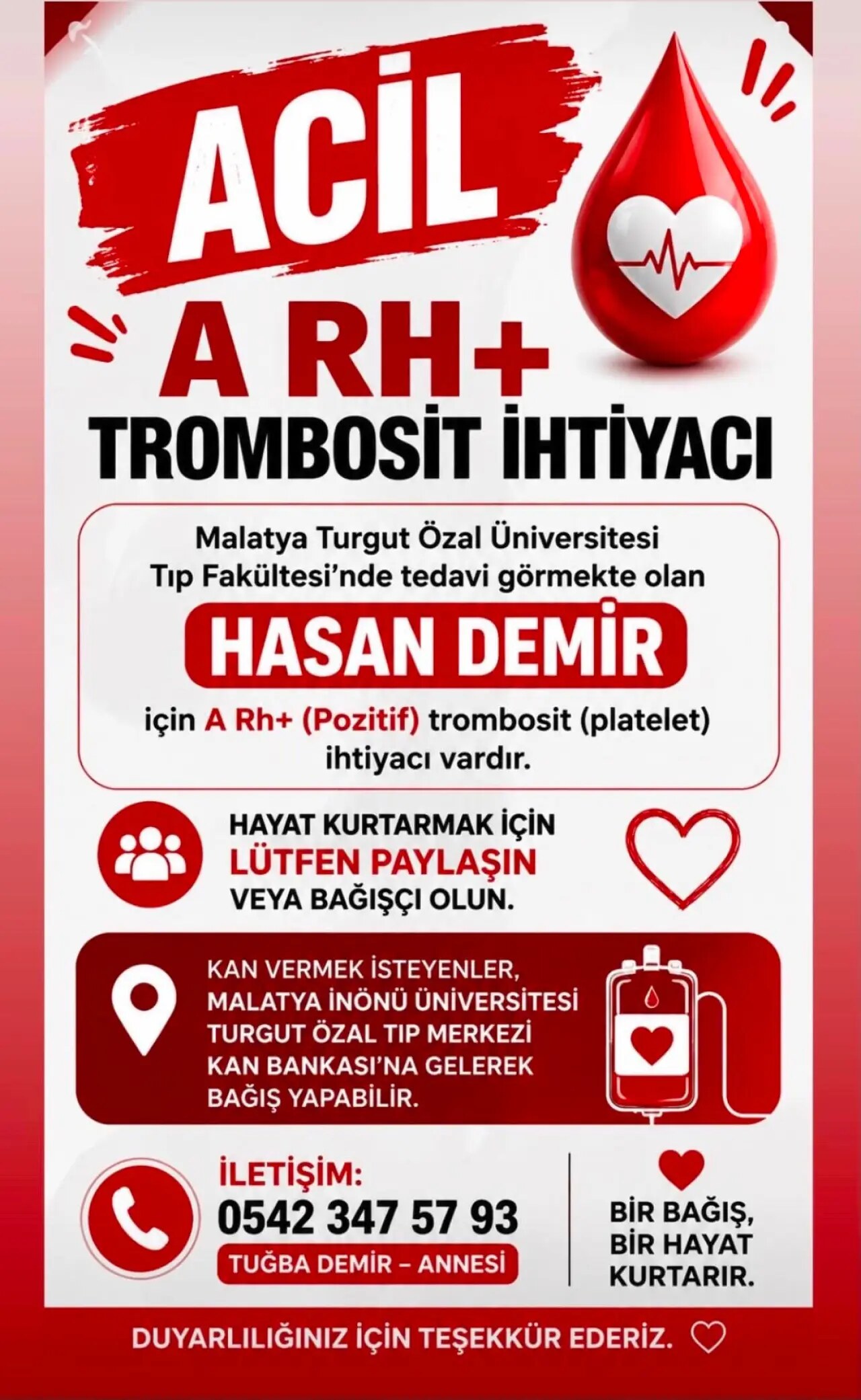 Hasan Demir İçin A Rh+ Trombosit Aranıyor
